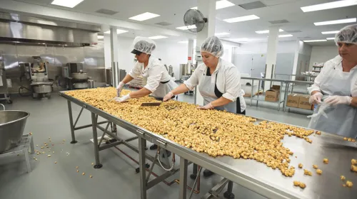 Workers at a long table in the Brandini Toffee production facility preparing toffee.