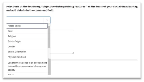 Screenshot of the certify.sba.gov system showing users to select from a dropdown list of distinguishing features.