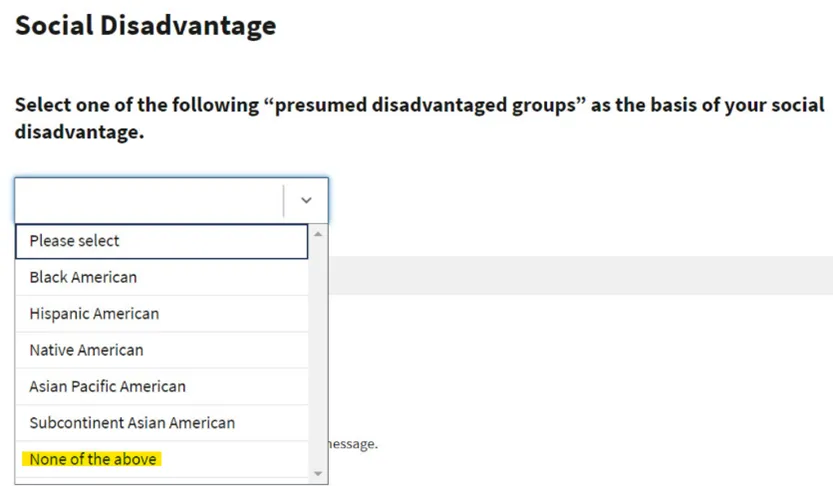 Screenshot of the certify.sba.gov system showing users to select "none of the above" when they submit a narrative.